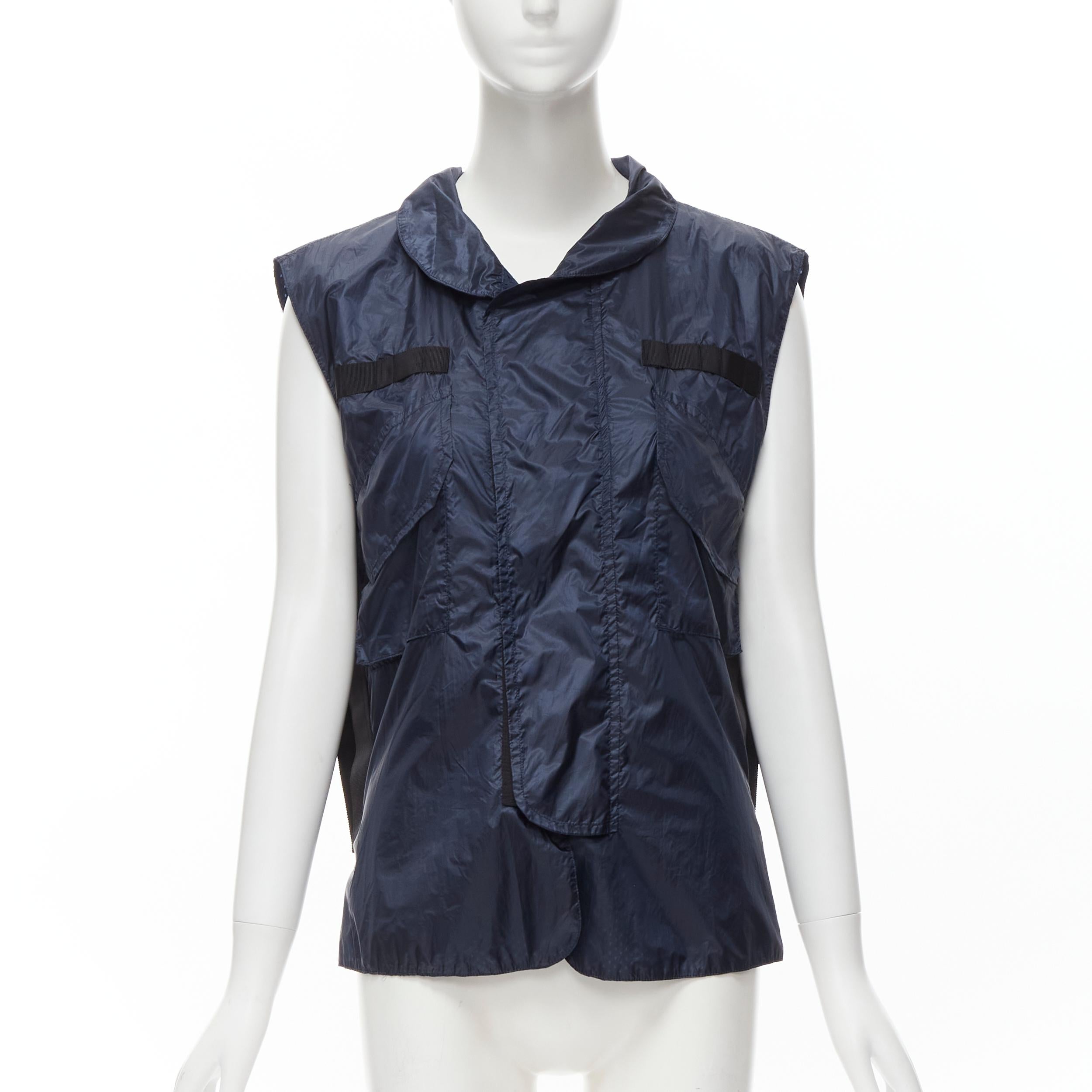 Black SACAI 2015 navy blue light nylon technical pocket grosgrain zip vest S For Sale