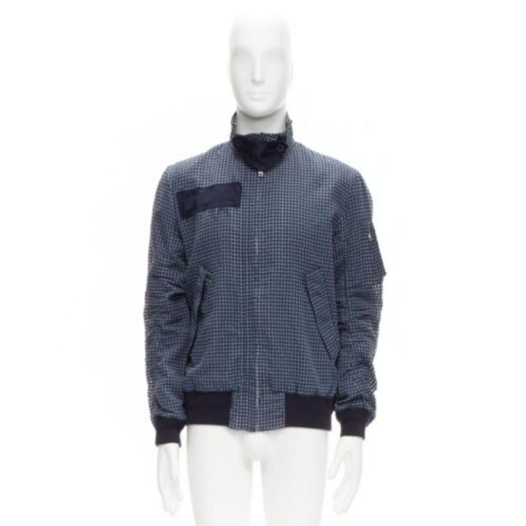SACAI 2015 navy grey gingham cotton blend high neck bomber jacket JP3 L For Sale 5