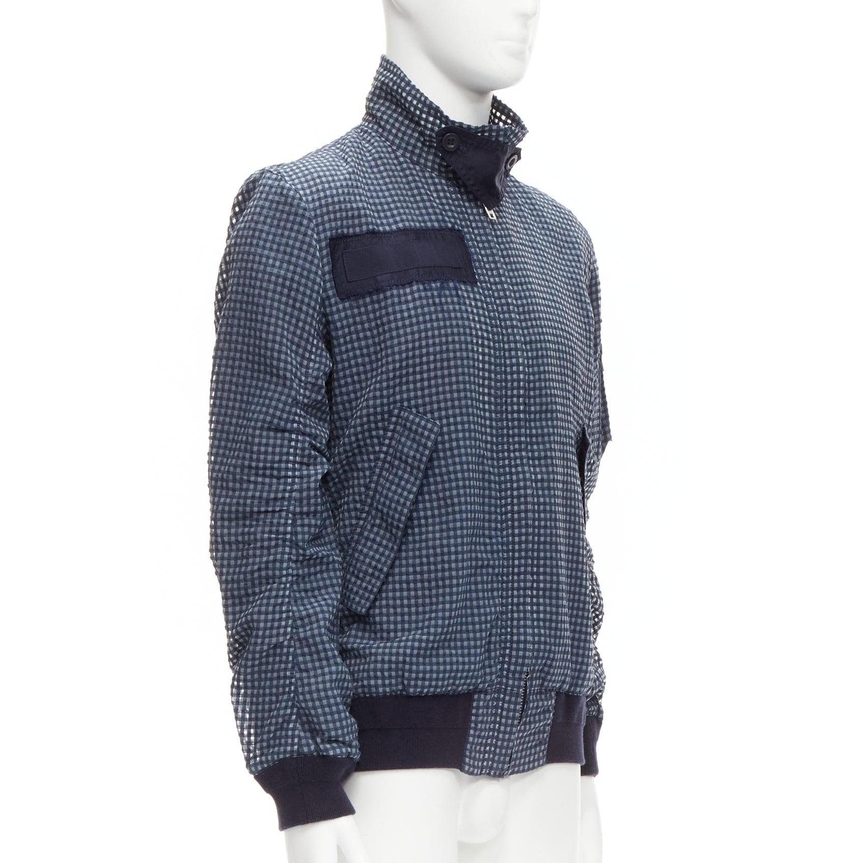 Black SACAI 2015 navy grey gingham cotton blend high neck bomber jacket JP3 L For Sale