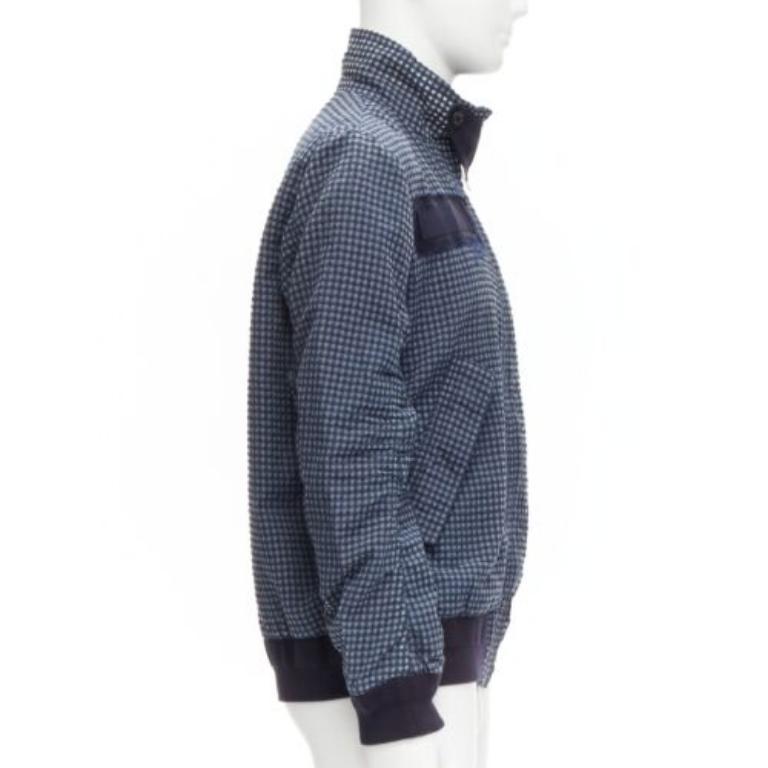 SACAI 2015 navy grey gingham cotton blend high neck bomber jacket JP3 L In Excellent Condition For Sale In Hong Kong, NT