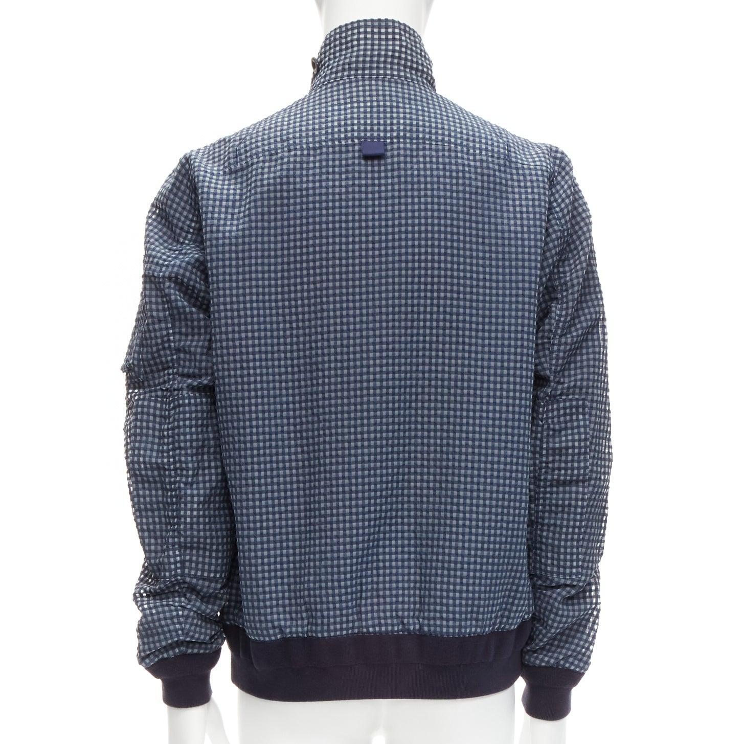 Men's SACAI 2015 navy grey gingham cotton blend high neck bomber jacket JP3 L For Sale