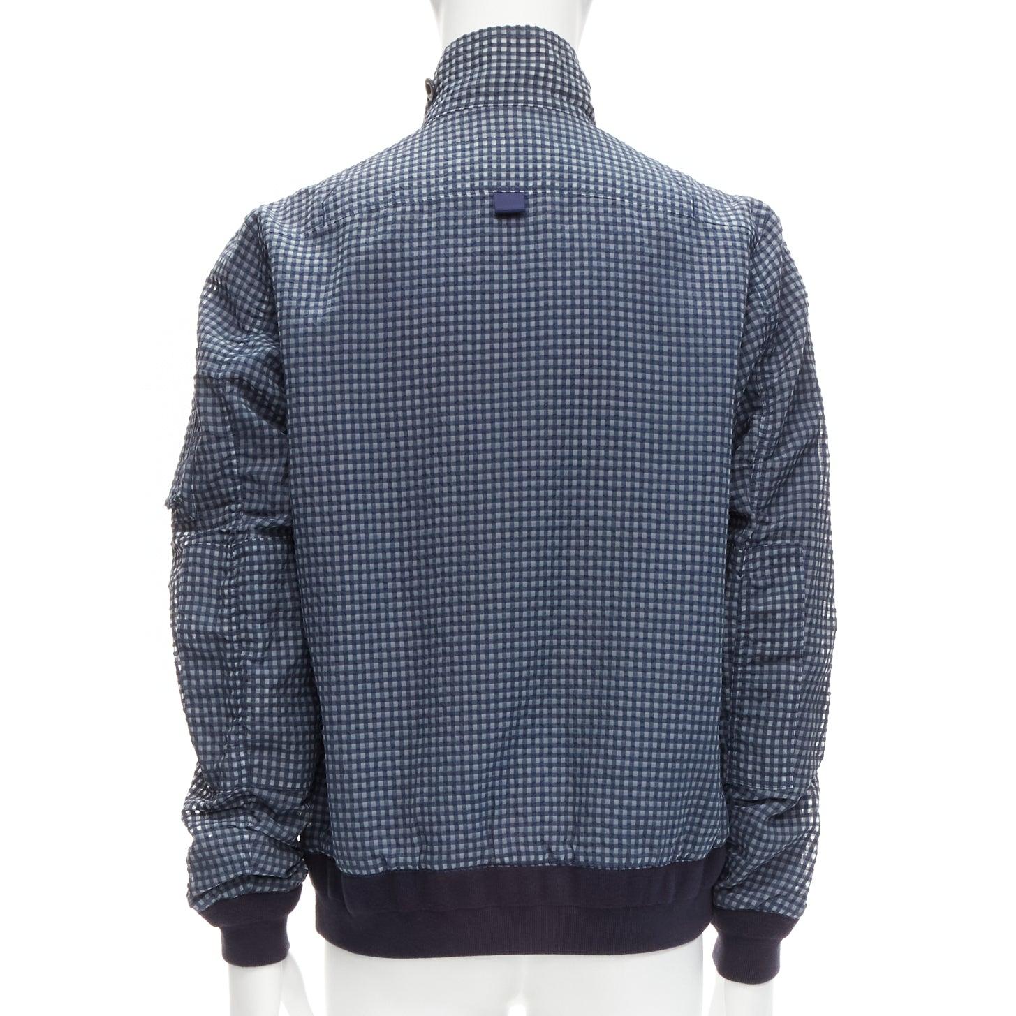 Men's SACAI 2015 navy grey gingham cotton blend high neck bomber jacket JP3 L