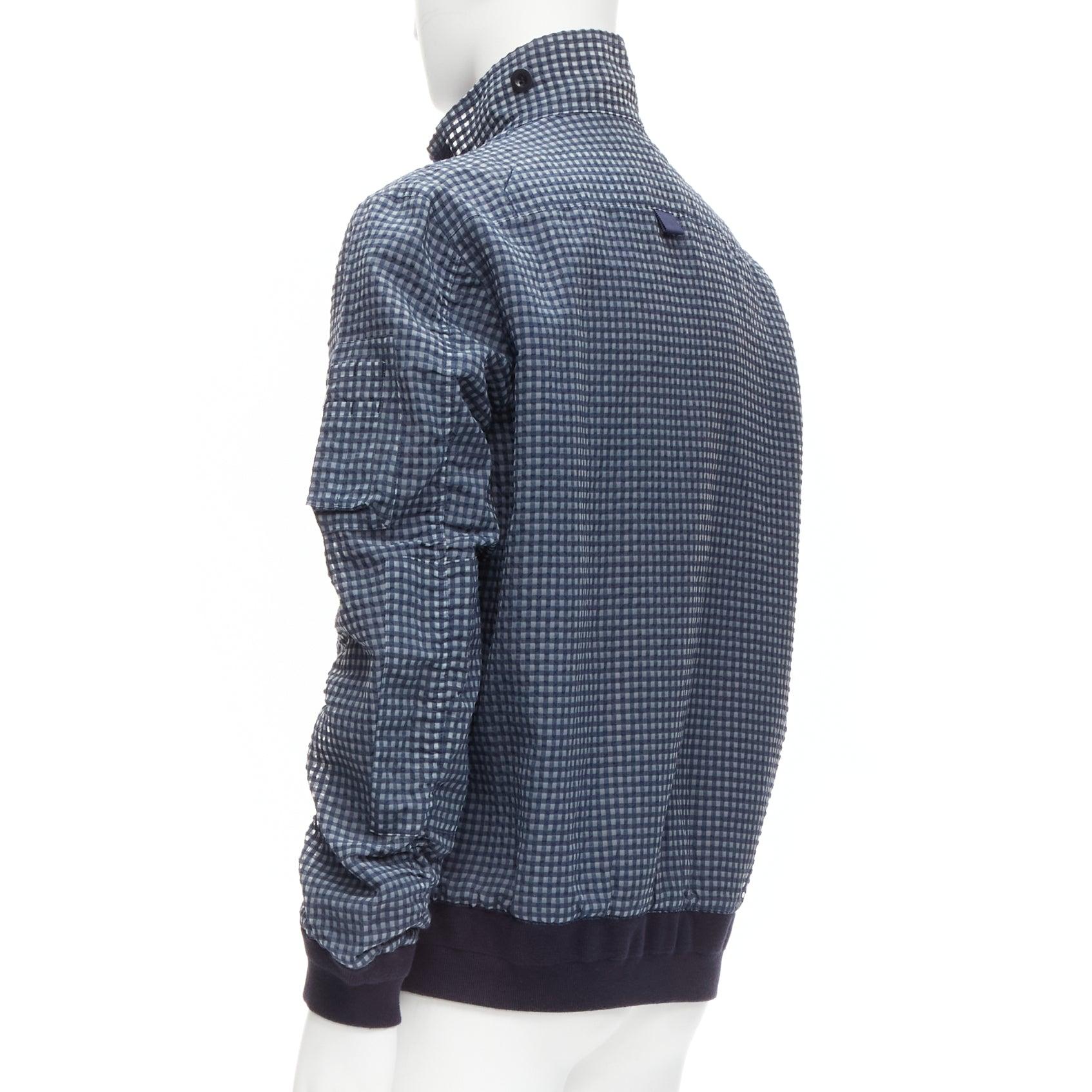 SACAI 2015 navy grey gingham cotton blend high neck bomber jacket JP3 L For Sale 1