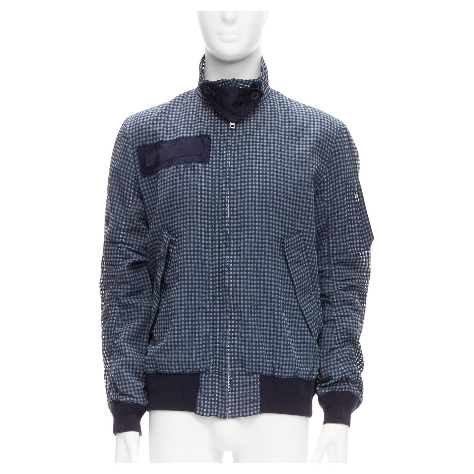 SACAI 2015 navy grey gingham cotton blend high neck bomber jacket JP3 L For Sale