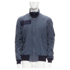 Used SACAI 2015 navy grey gingham cotton blend high neck bomber jacket JP3 L