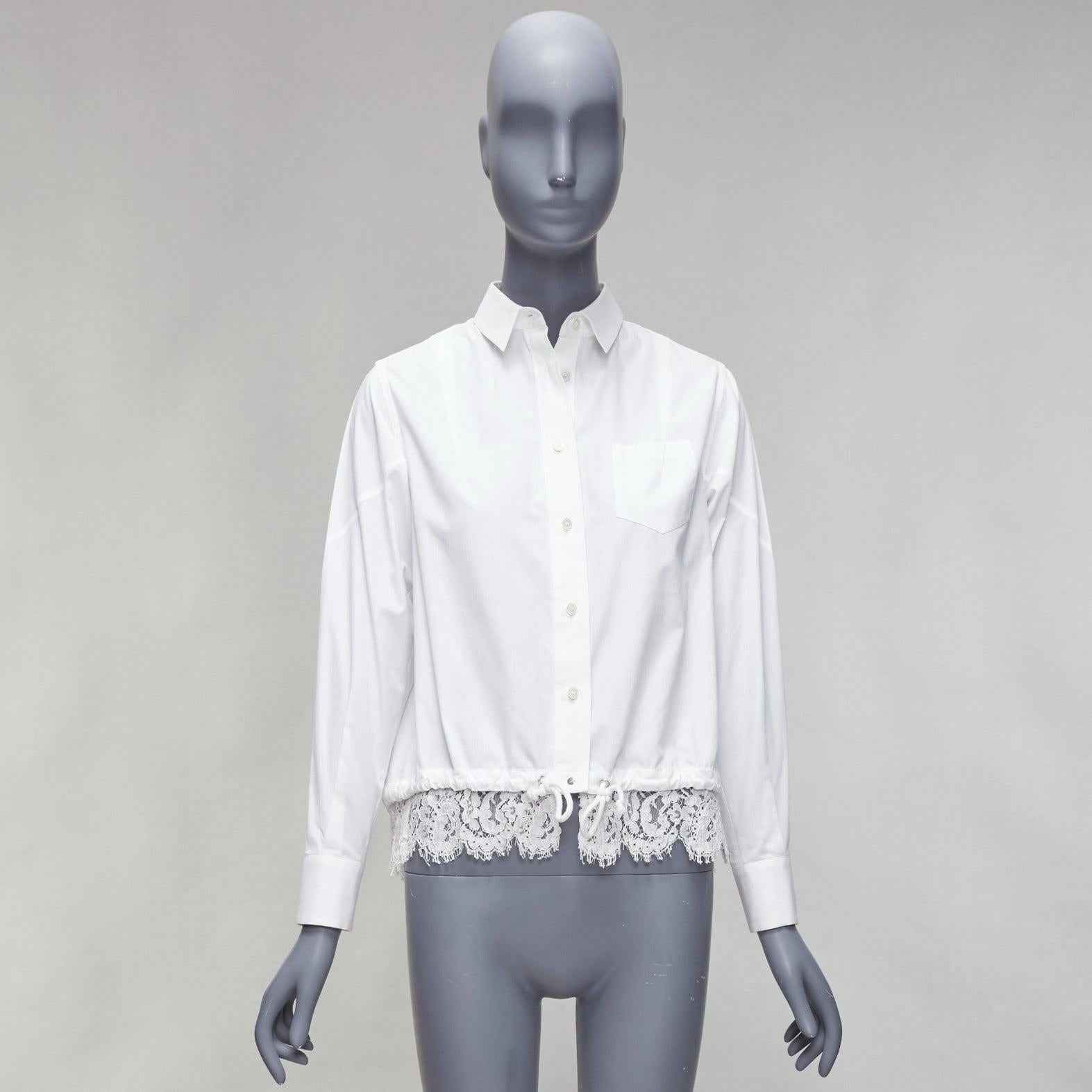 SACAI 2015 white floral lace hem bungee cord pocketed cropped shirt JP1 S For Sale 4