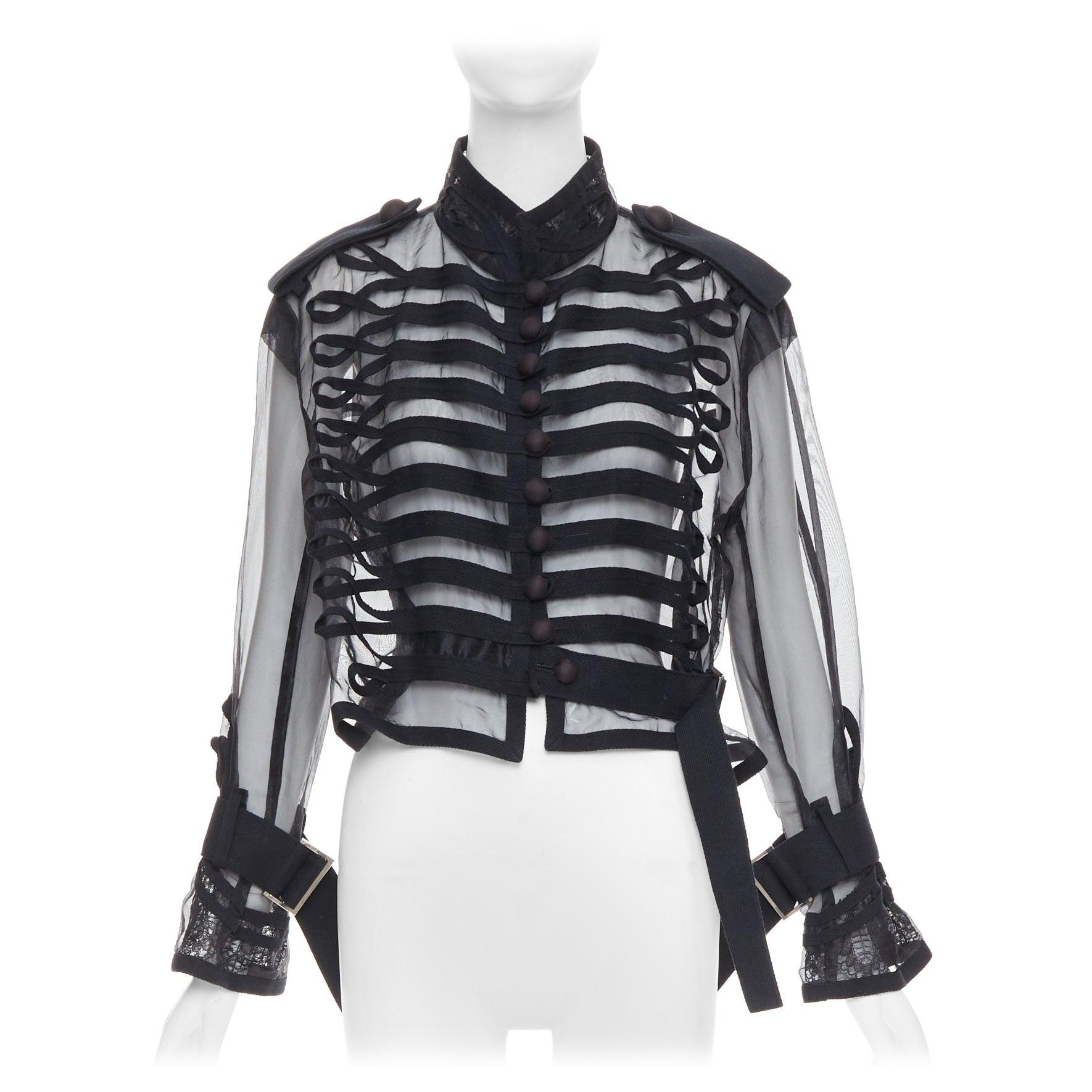 SACAI 2016 black sheer cotton blend trim crop military jacket JP2 M