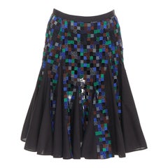 SACAI 2016 blue green square eyelet embroidery cotton blend flared skirt JP1 S