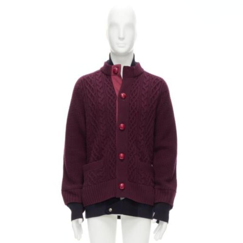 SACAI 2016 burgundy 100% wool cable knit layered hem cardigan JP3 L For Sale 5