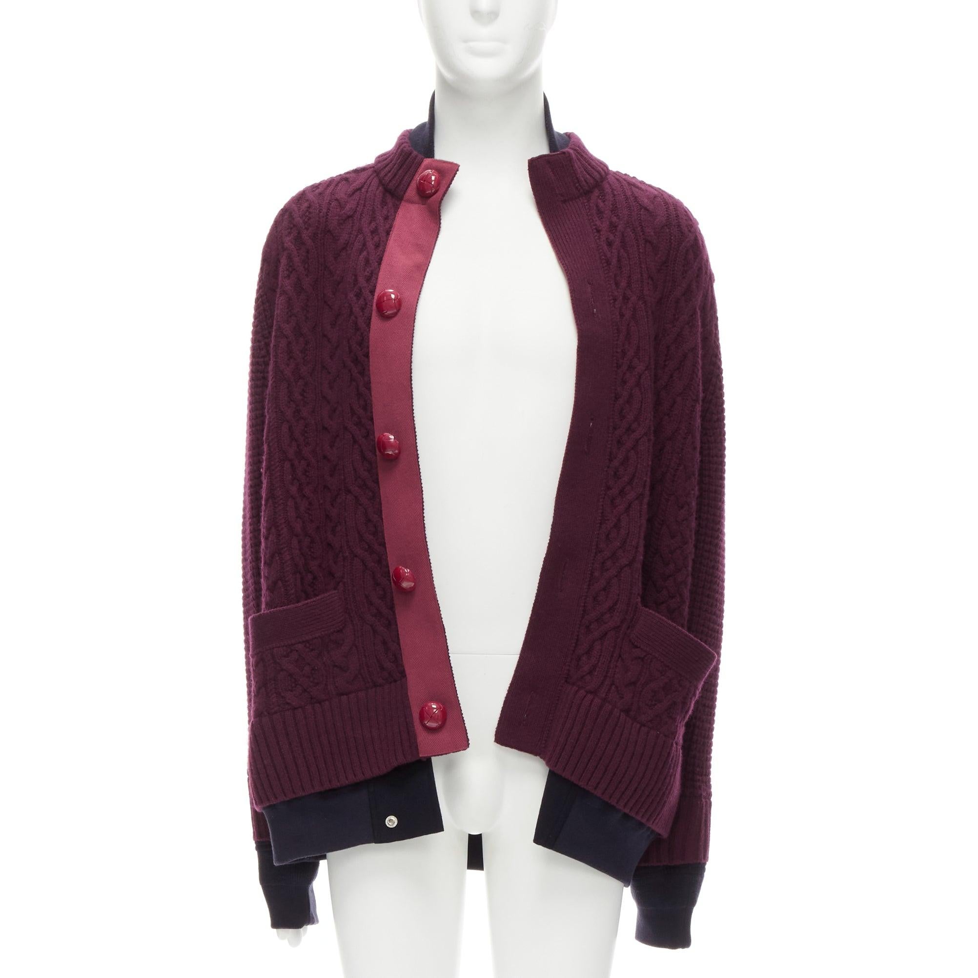 Black SACAI 2016 burgundy 100% wool cable knit layered hem cardigan JP3 L For Sale
