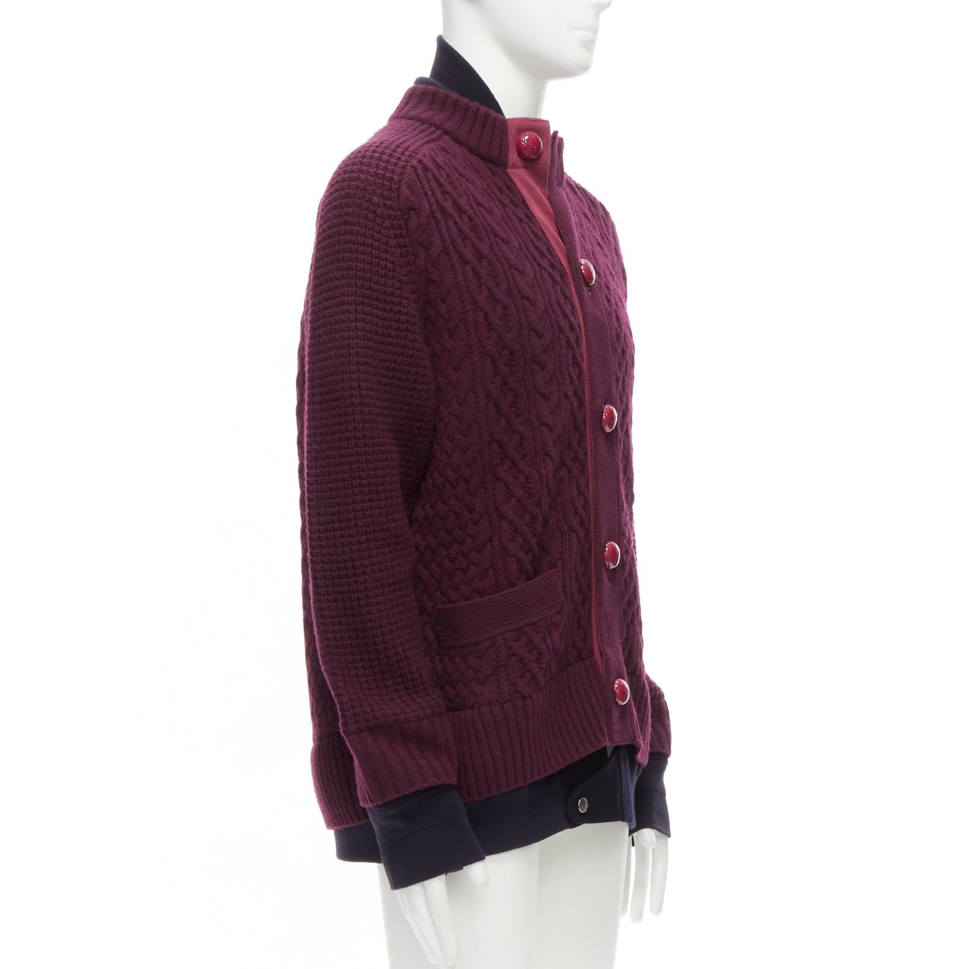 SACAI 2016 burgundy 100% wool cable knit layered hem cardigan JP3 L In Excellent Condition For Sale In Hong Kong, NT