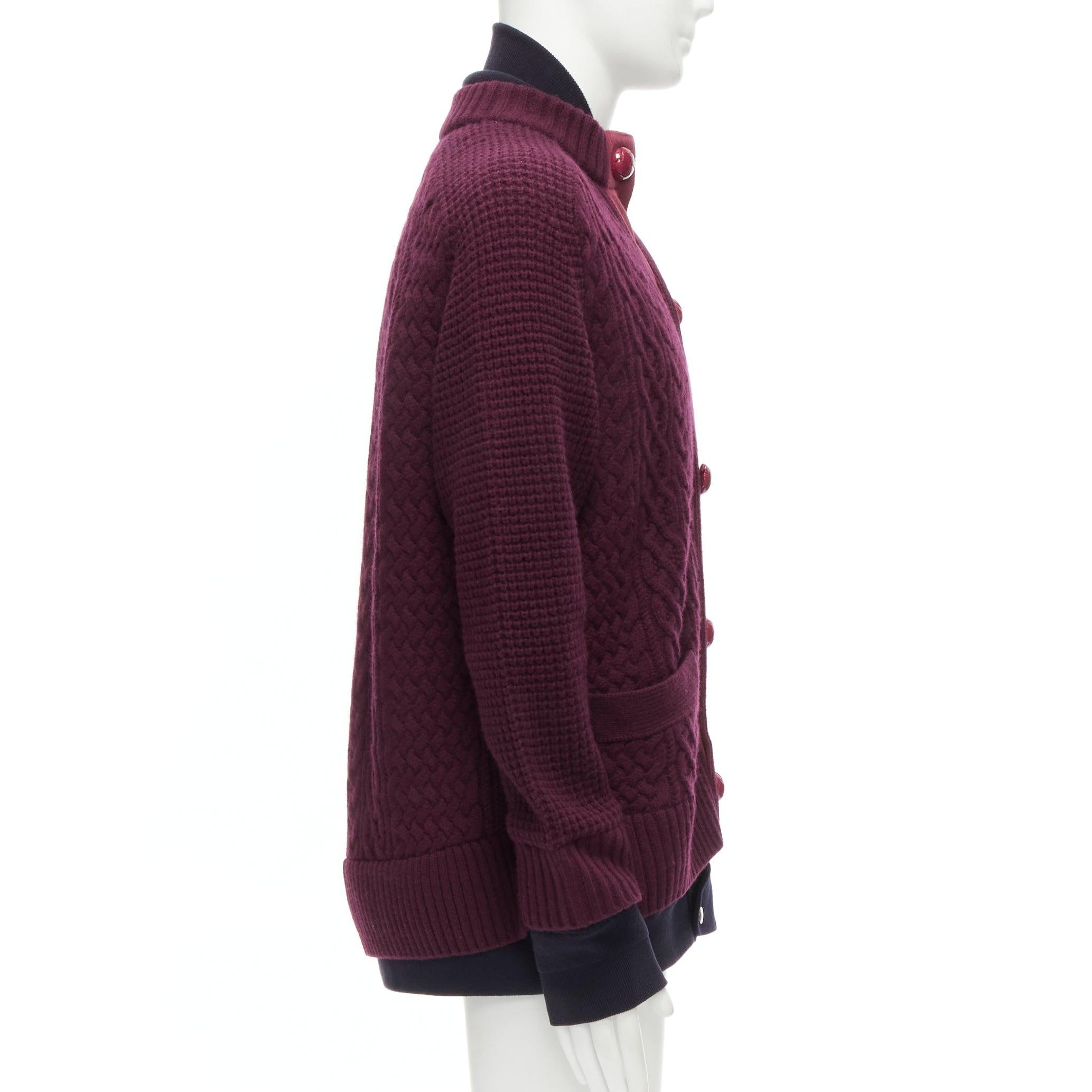 Men's SACAI 2016 burgundy 100% wool cable knit layered hem cardigan JP3 L For Sale