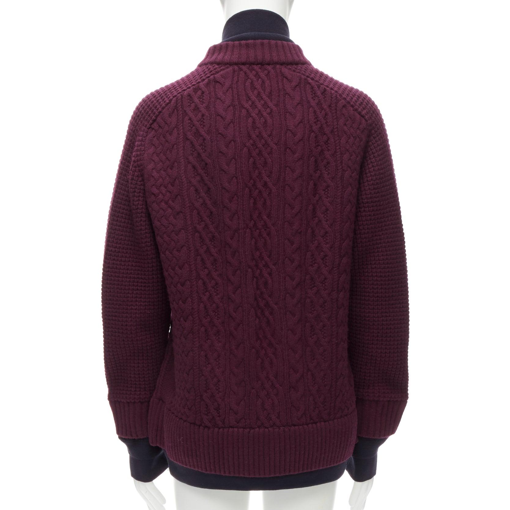 SACAI 2016 burgundy 100% wool cable knit layered hem cardigan JP3 L For Sale 1