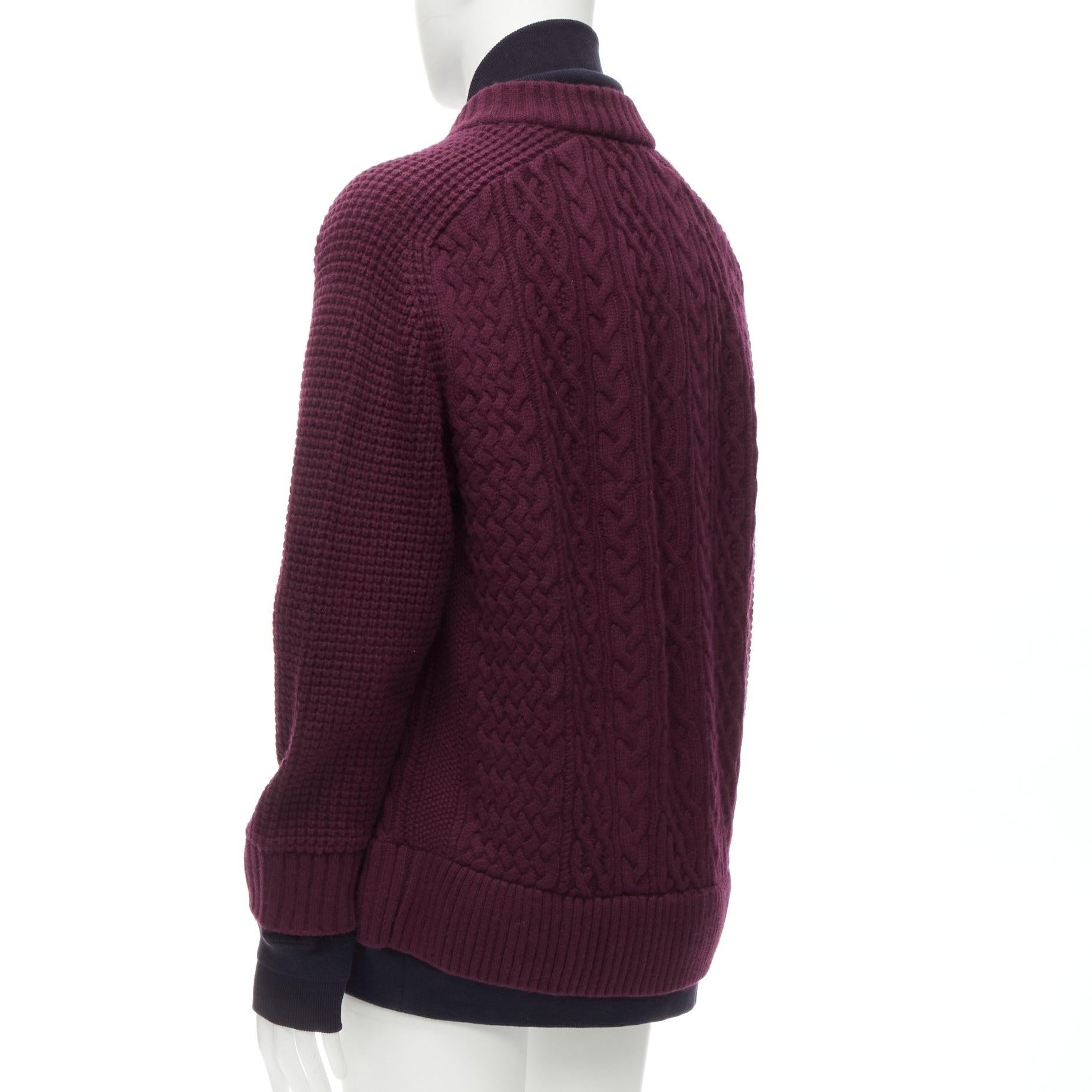 SACAI 2016 burgundy 100% wool cable knit layered hem cardigan JP3 L For Sale 2
