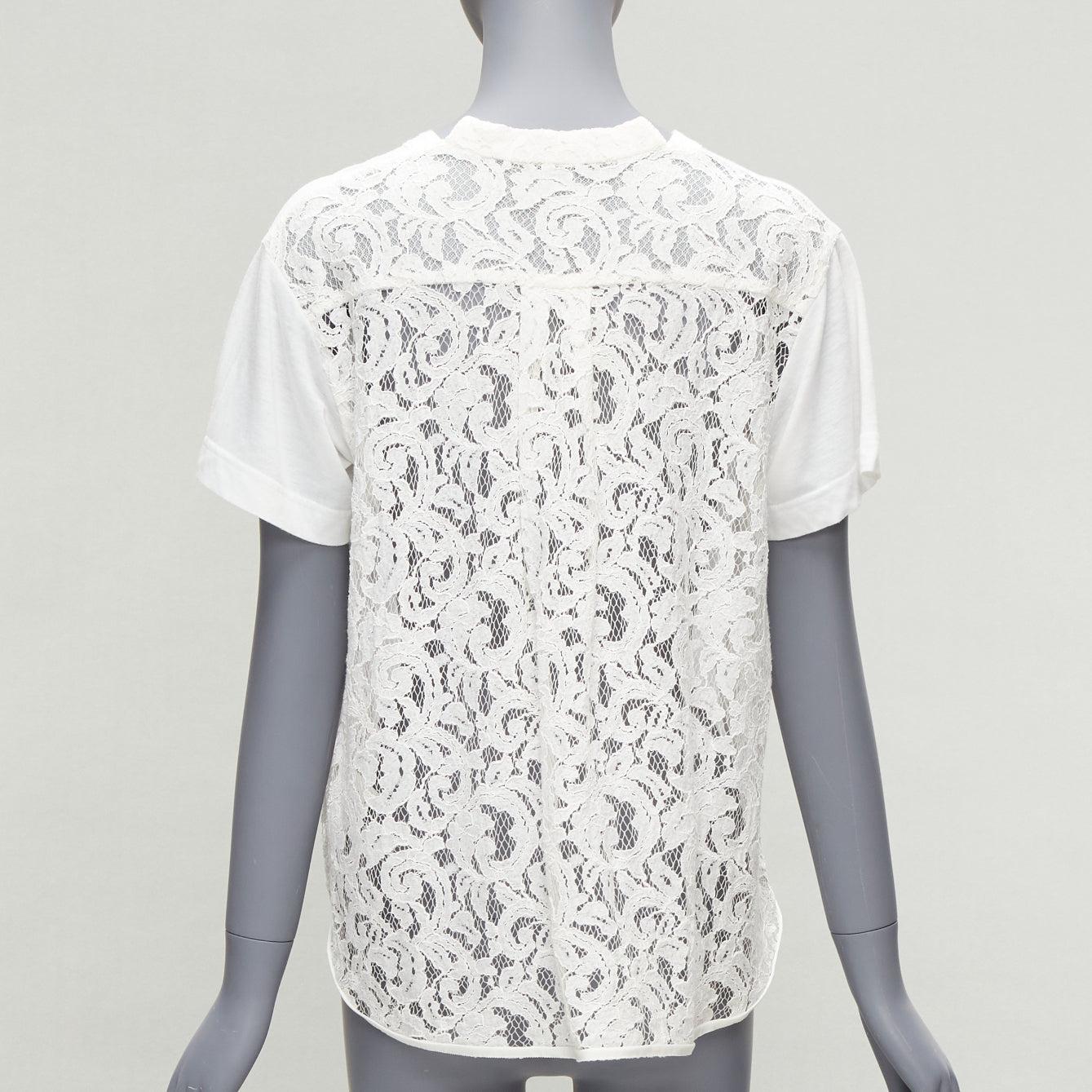 SACAI 2016 cremefarbenes Spitzen-T-Shirt mit ausgestelltem Rücken und weißen Taschen JP1 S Damen