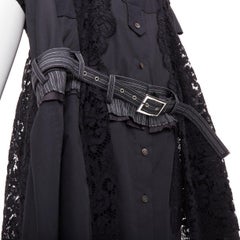 SACAI 2017 noir dentelle garnie ceinture évasée robe chemise doublée JP1 S