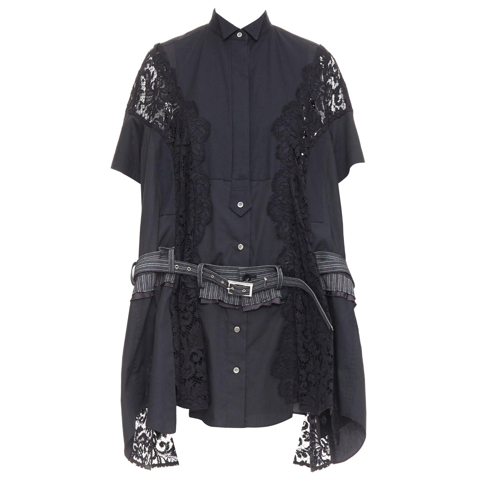 SACAI 2017 black lace trim panelled belt flared lined shirt dress JP1 S