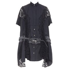 SACAI 2017 black lace trim panelled belt flared lined shirt dress JP1 S