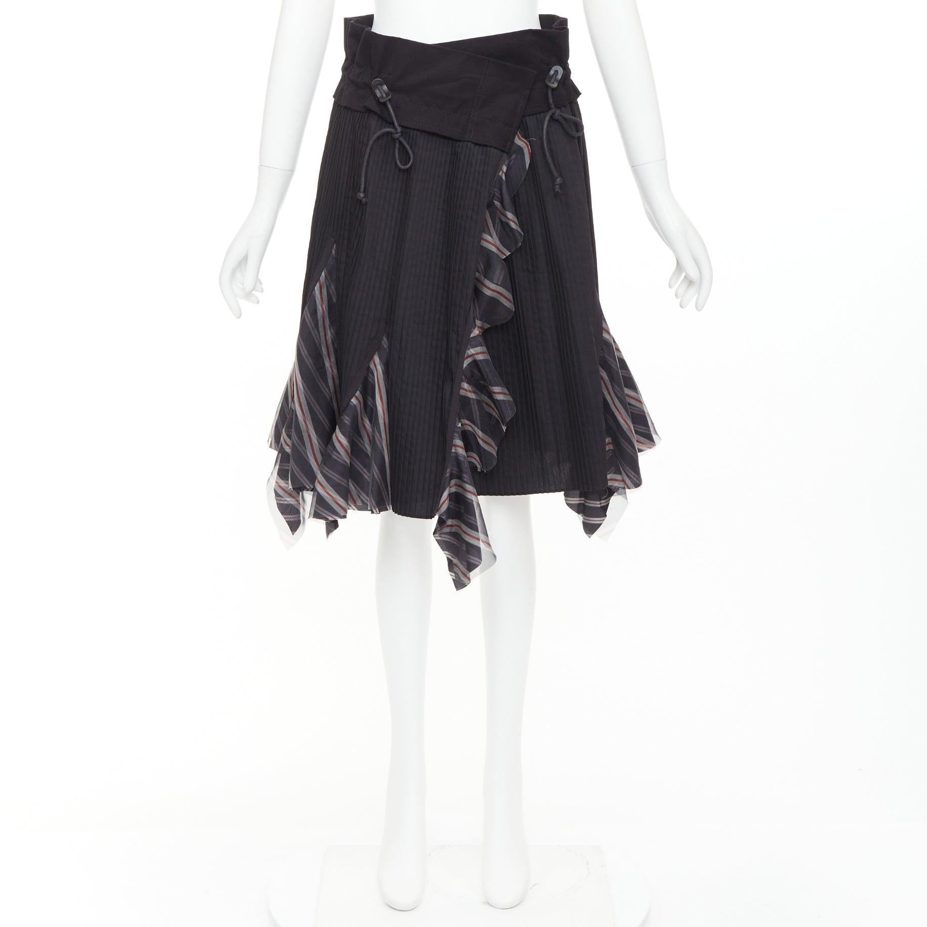 SACAI 2017 black plisse cowhide trim striped flare wrap knee skirt JP1 S en venta 4