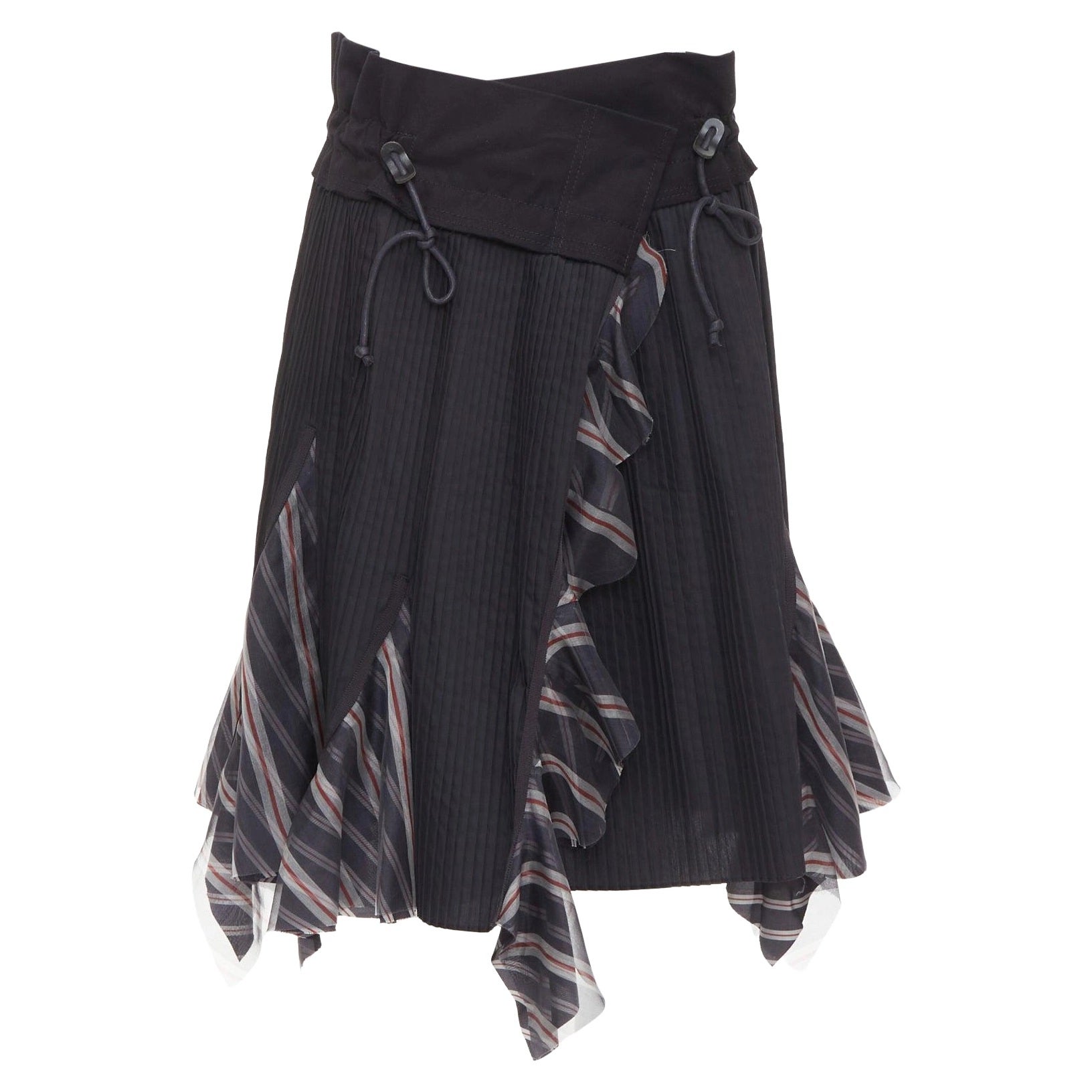 SACAI 2017 black plisse cowhide trim striped flare wrap knee skirt JP1 S