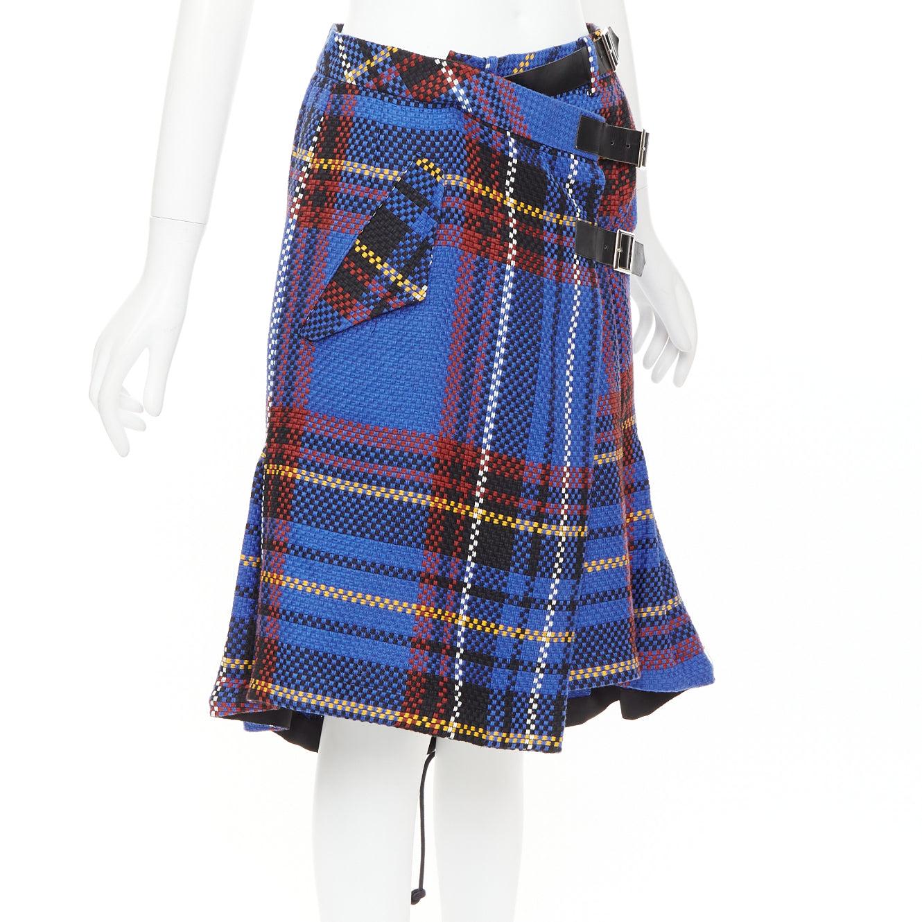 Bleu SACAI 2017 blue plaid check cotton blend leather buckle wrap kilt skirt JP2 M en vente