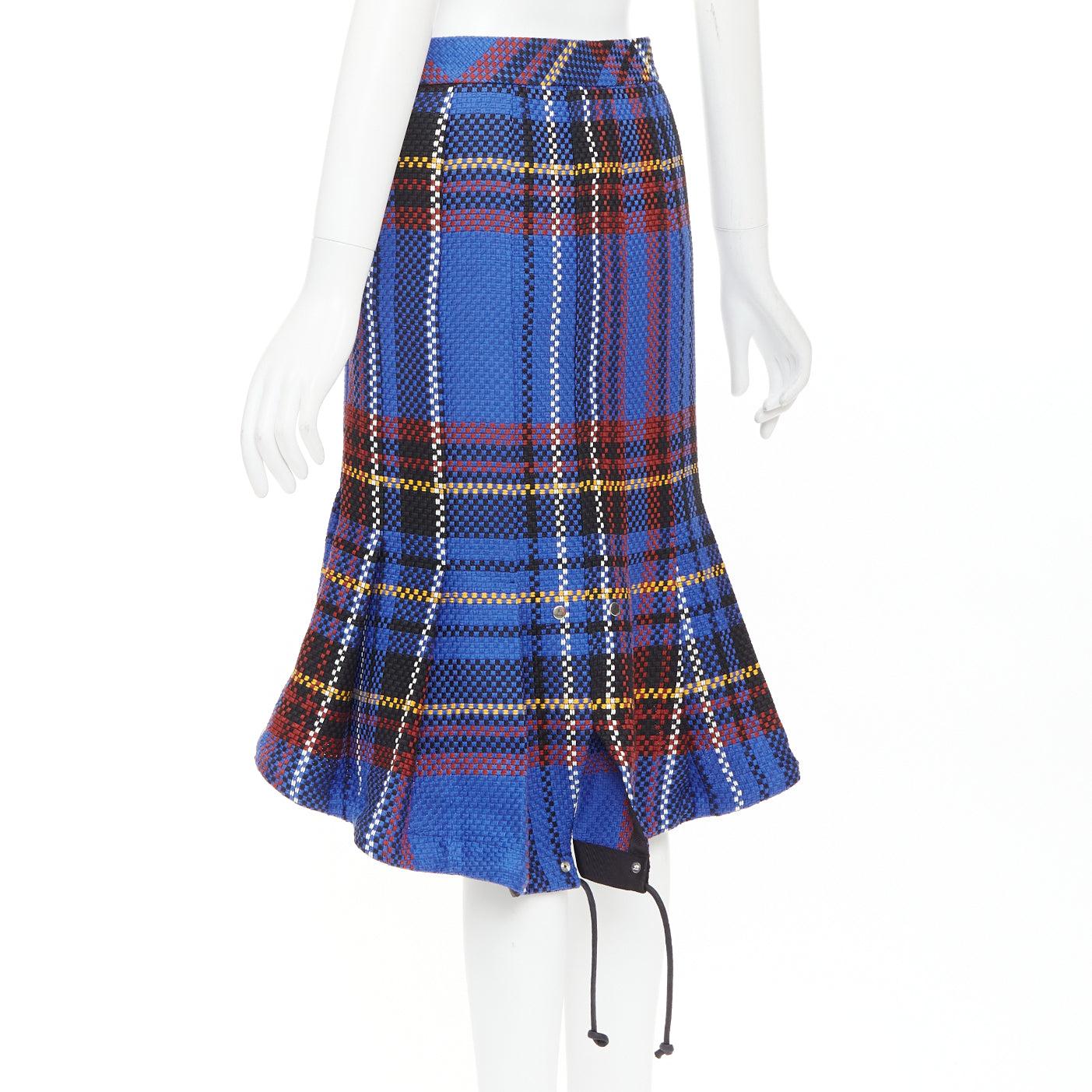 SACAI 2017 blue plaid check cotton blend leather buckle wrap kilt skirt JP2 M en vente 1