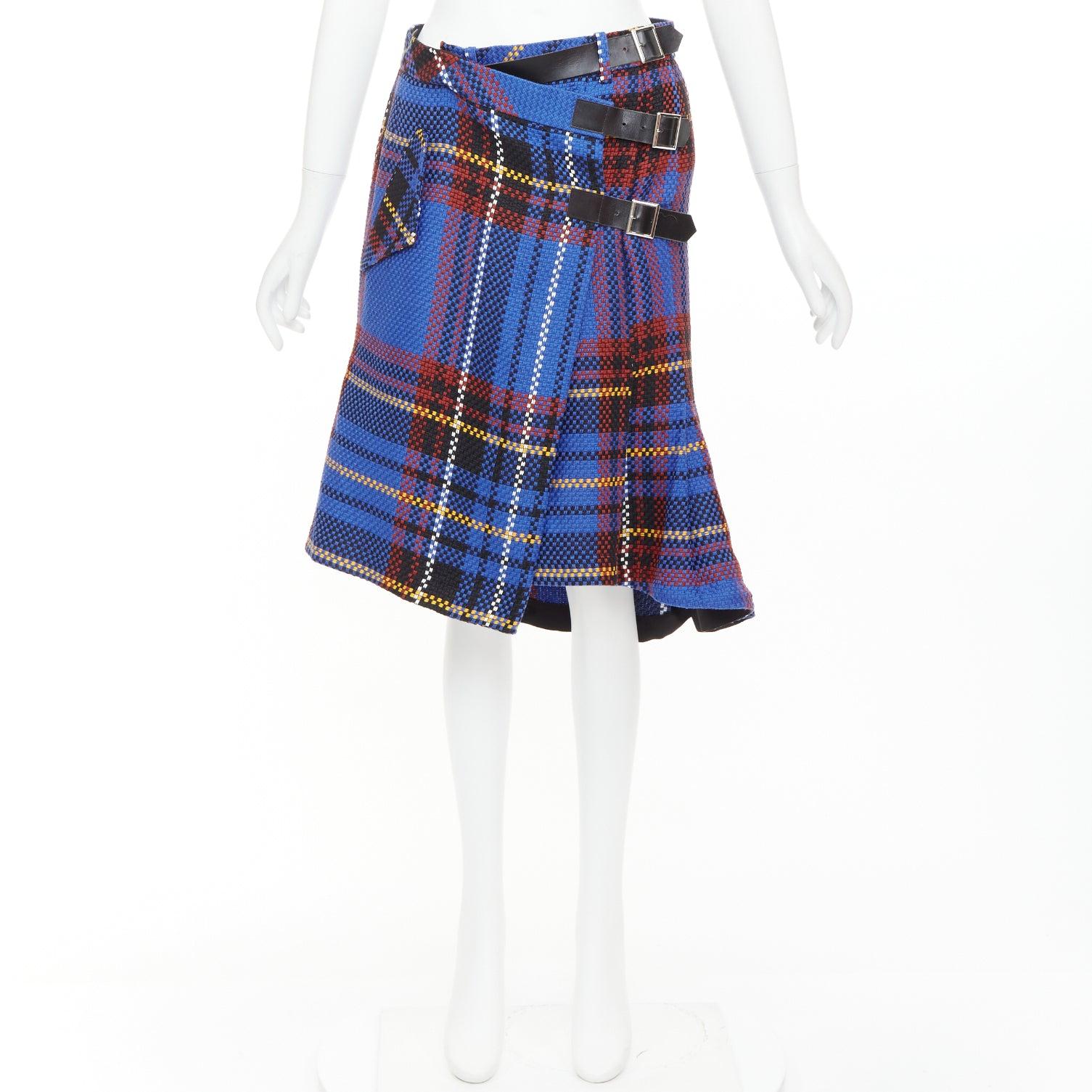 SACAI 2017 blue plaid check cotton blend leather buckle wrap kilt skirt JP2 M en vente 4