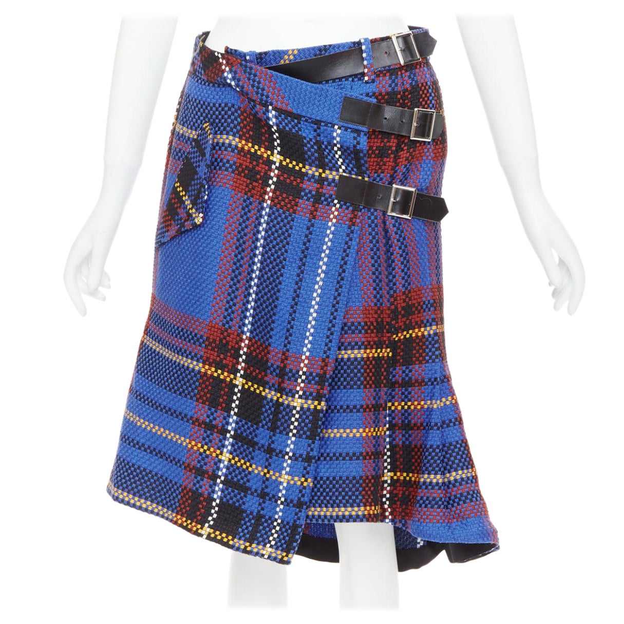SACAI 2017 blue plaid check cotton blend leather buckle wrap kilt skirt JP2 M
