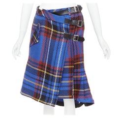 SACAI 2017 blue plaid check cotton blend leather buckle wrap kilt skirt JP2 M
