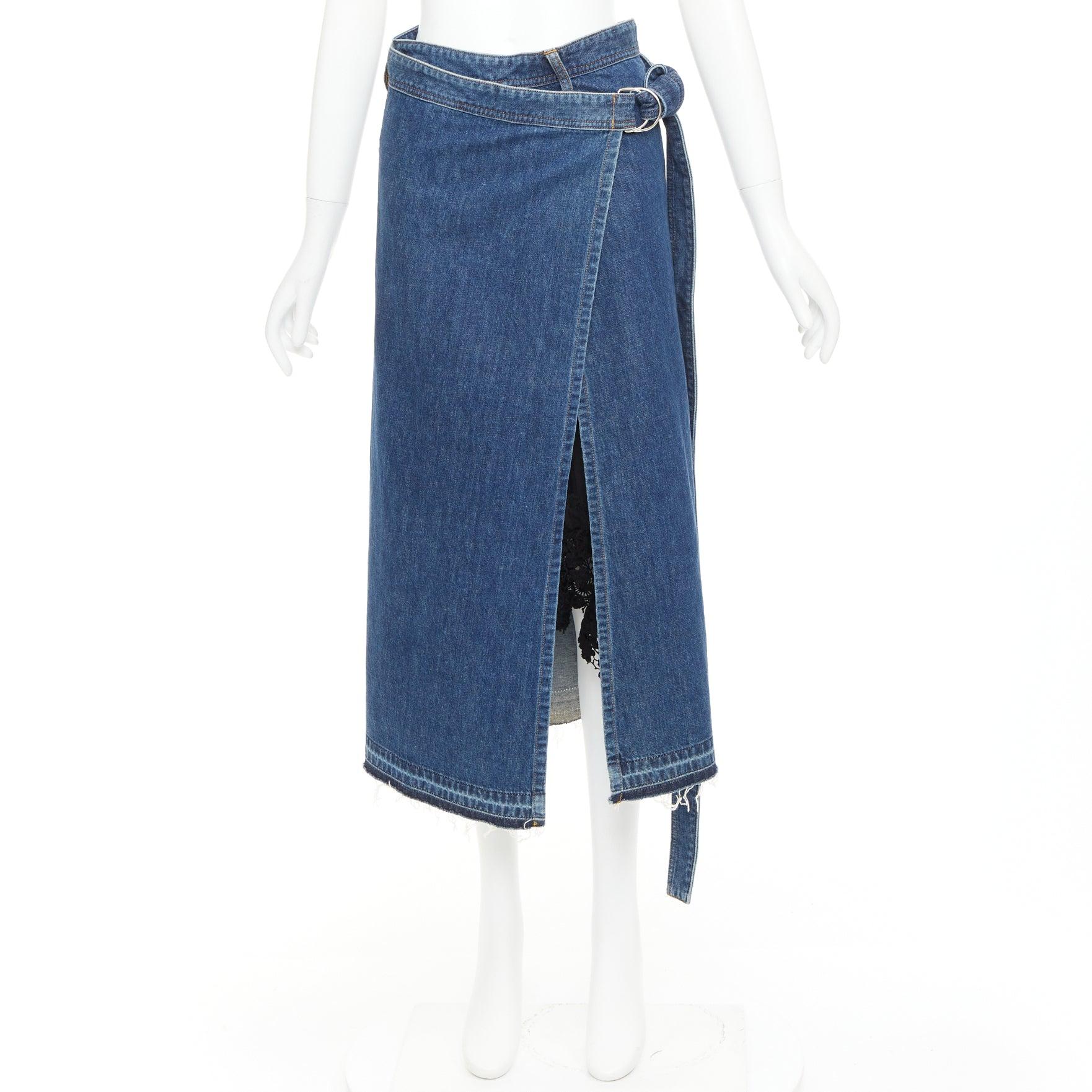SACAI 2017 blue washed cotton belted wrap black lace lined hem skirt JP1 S For Sale 4