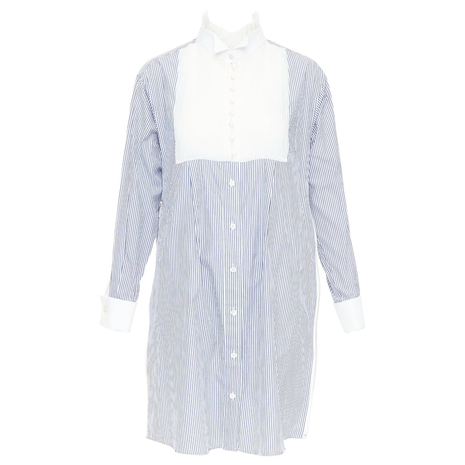 SACAI 2017 blue white striped cotton poplin bib collar ruffle shirt dress JP1 S