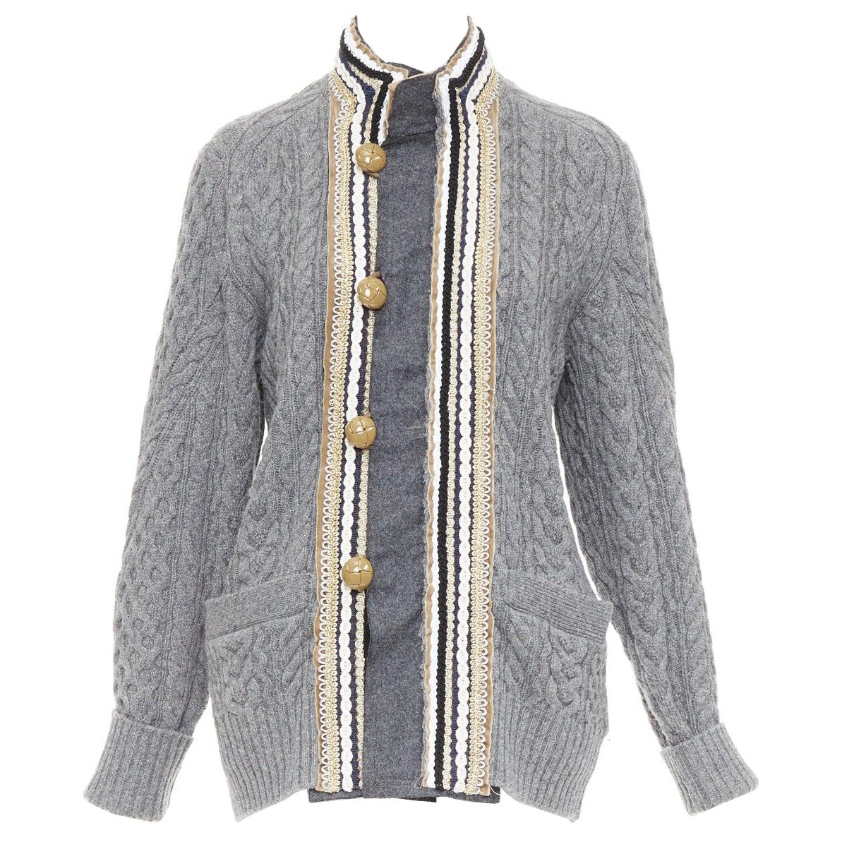 SACAI 2017 grey wool metallic military baroque trim cable knit cardigan JP1 S