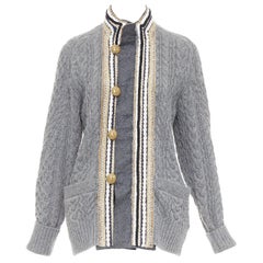 SACAI 2017 grey wool metallic military baroque trim cable knit cardigan JP1 S SACAI 2017 grey wool metallic military baroque trim cable knit cardigan JP1 S