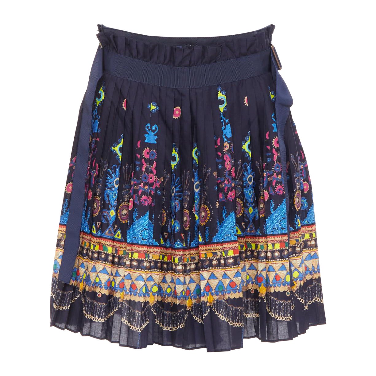 SACAI 2017 navy multicolor circus print belted pleated wrap skorts JP1 S