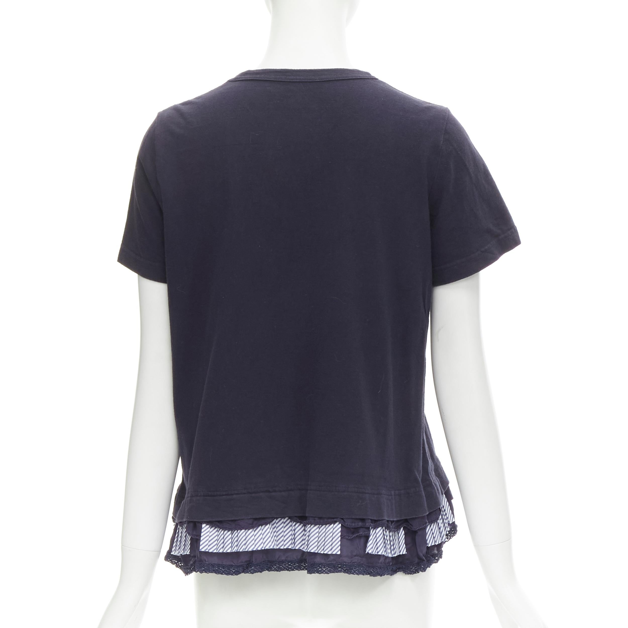 Women's SACAI 2017 navy washed cotton tiered pleated lace trimmed flared tshirt JP2 M For Sale