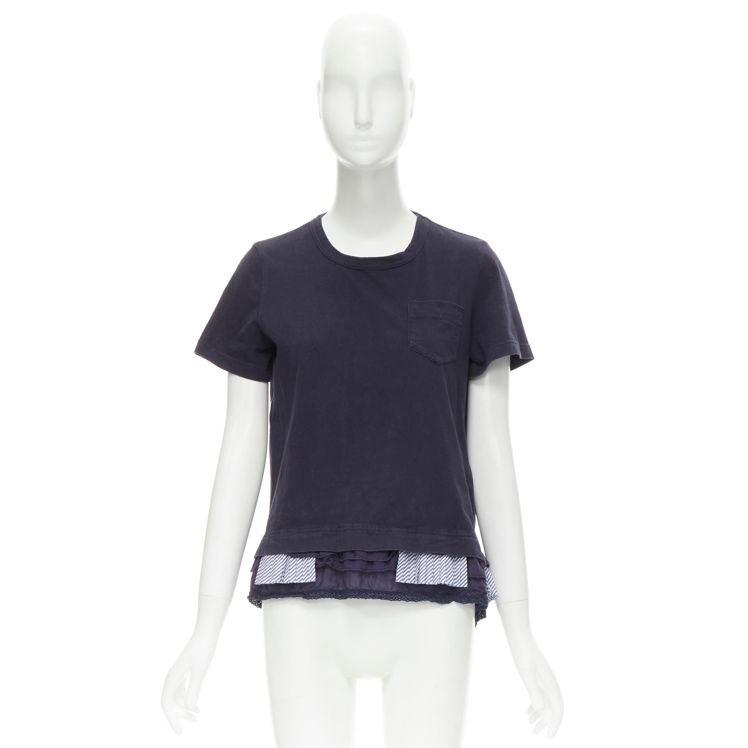 SACAI 2017 navy washed cotton tiered pleated lace trimmed flared tshirt JP2 M For Sale 4