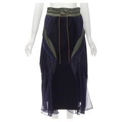 SACAI 2017 navy wool blend sheer insert panelled drawstring skirt JP2 M