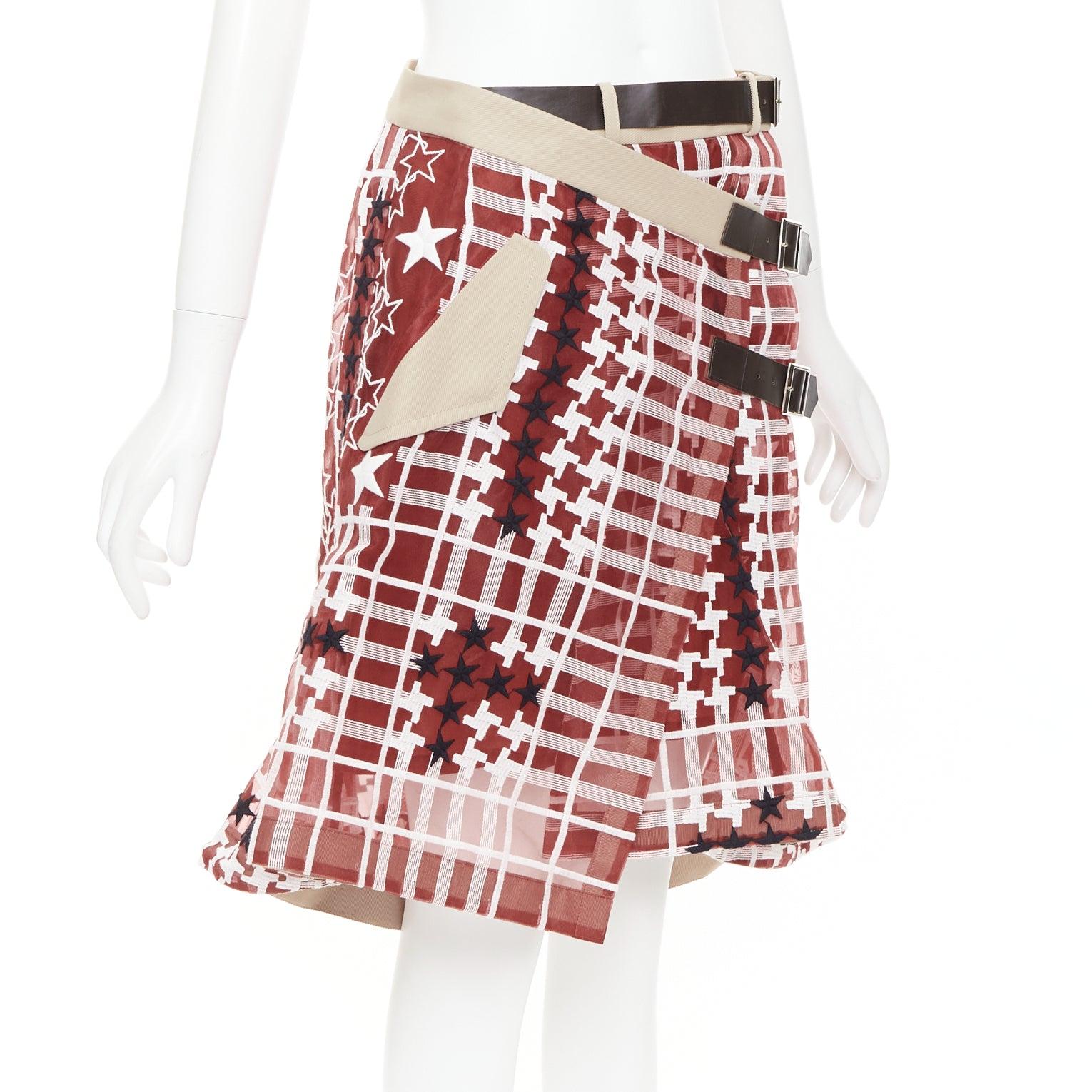 SACAI 2017 Rot Weiß Hahnentritt Leder Schnalle Wickelrock JP2 M (Beige) im Angebot