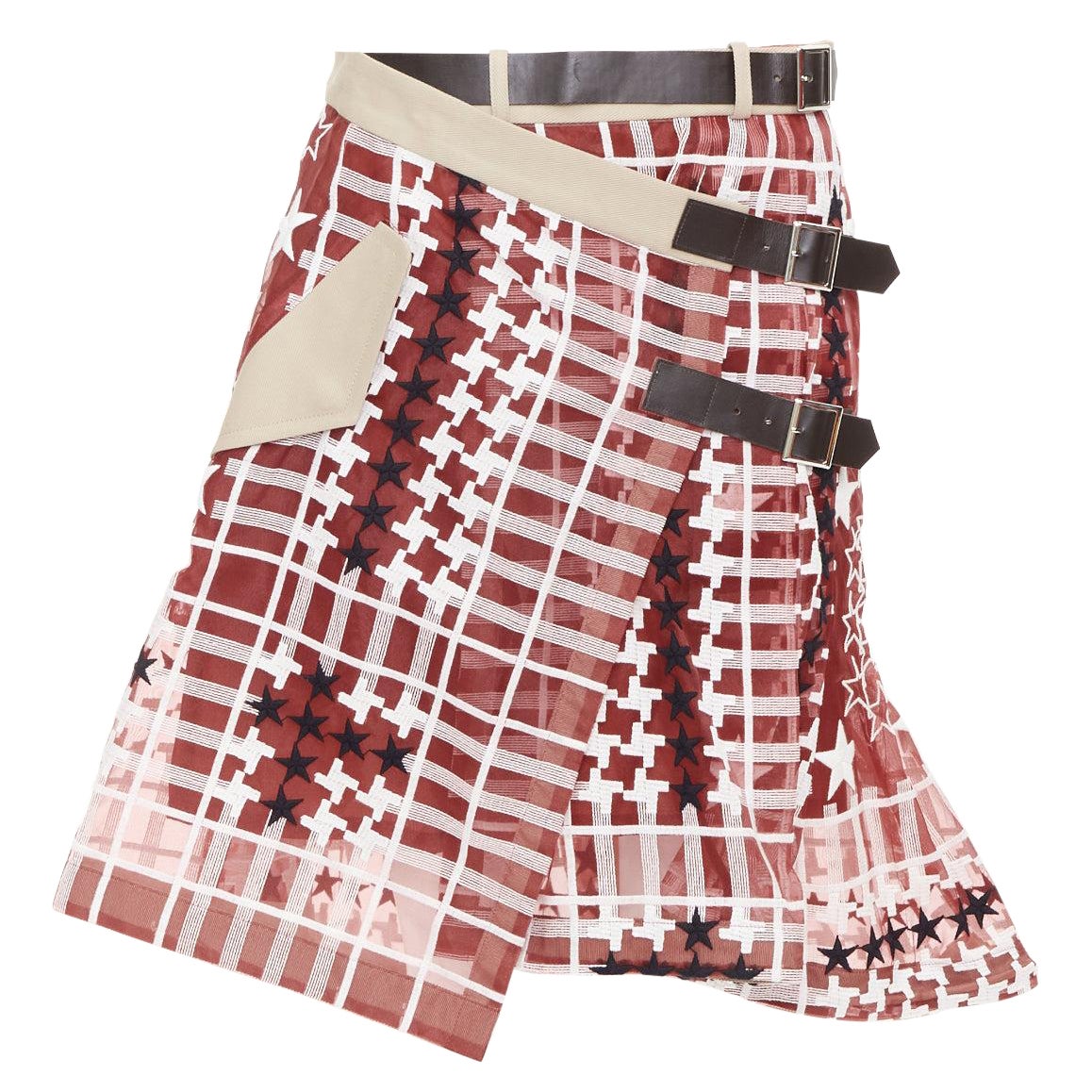 SACAI 2017 Rot Weiß Hahnentritt Leder Schnalle Wickelrock JP2 M im Angebot