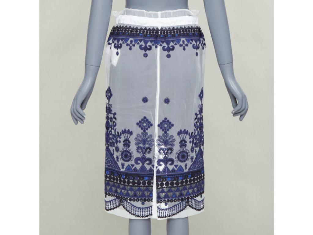 SACAI 2017 white navy blue sheer ethnic embroidery paperbag midi skirt JP1 S Pour femmes en vente