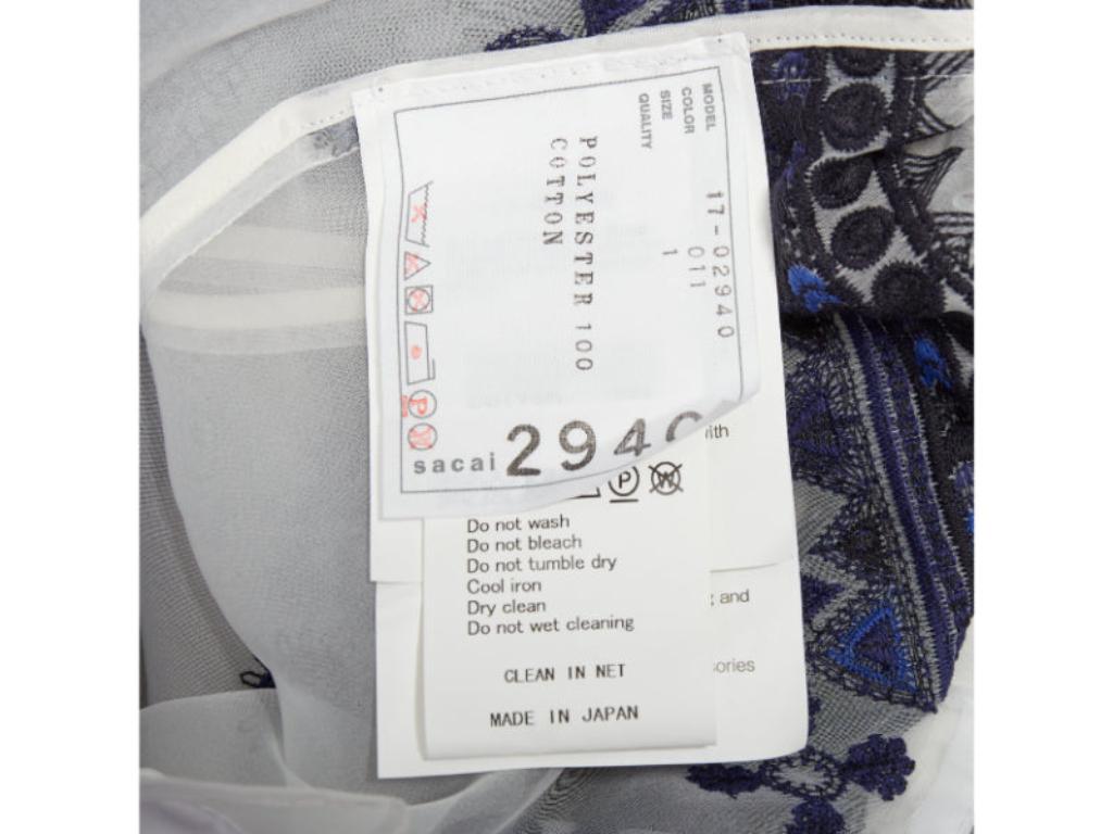 SACAI 2017 white navy blue sheer ethnic embroidery paperbag midi skirt JP1 S en vente 3