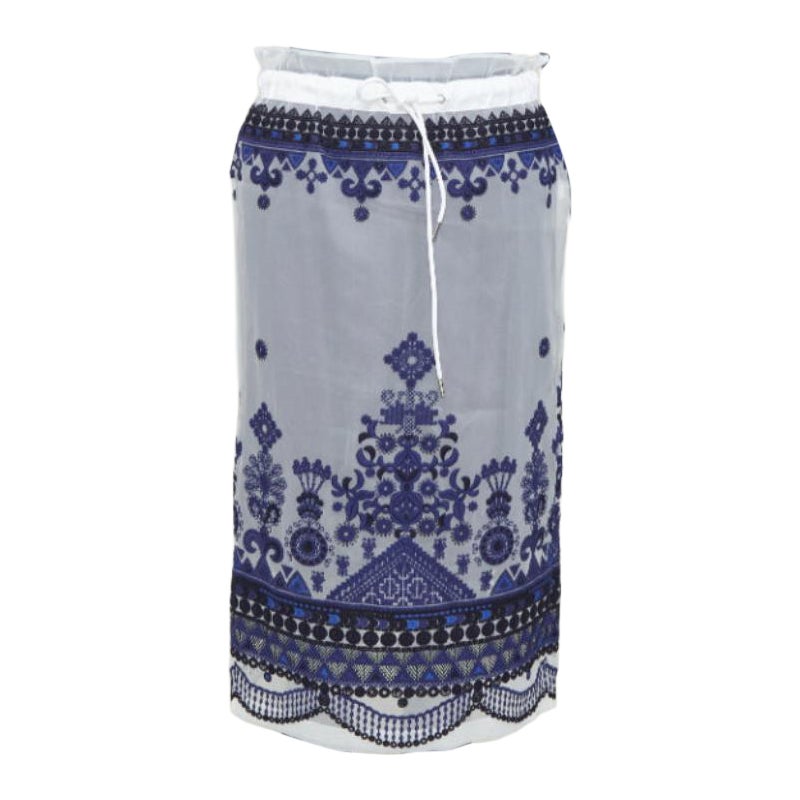 SACAI 2017 white navy blue sheer ethnic embroidery paperbag midi skirt JP1 S
