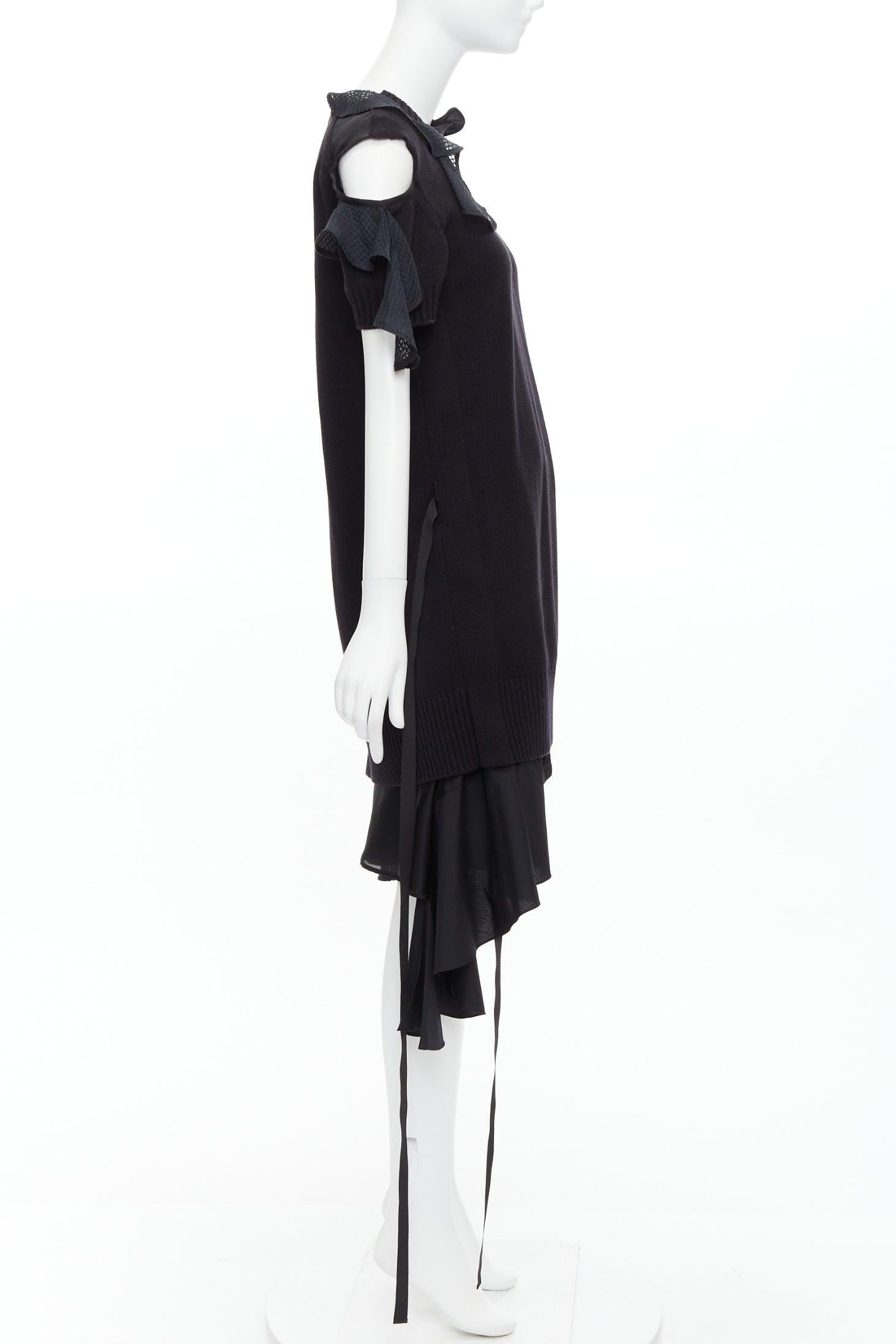 SACAI 2018 black cotton blend asymmetric ruffle hi low knitted dress JP1 S In Excellent Condition In Hong Kong, NT