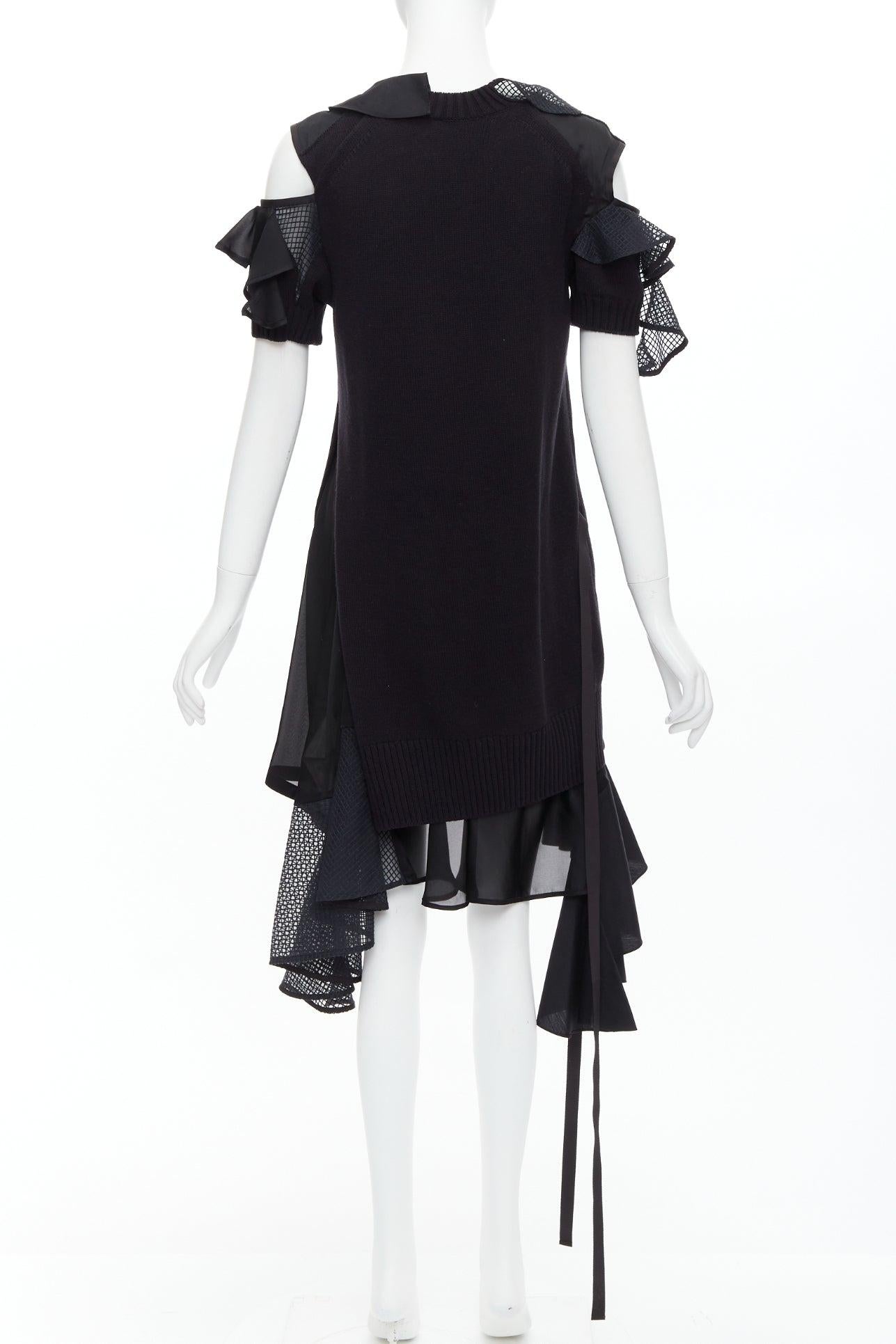 Women's SACAI 2018 black cotton blend asymmetric ruffle hi low knitted dress JP1 S