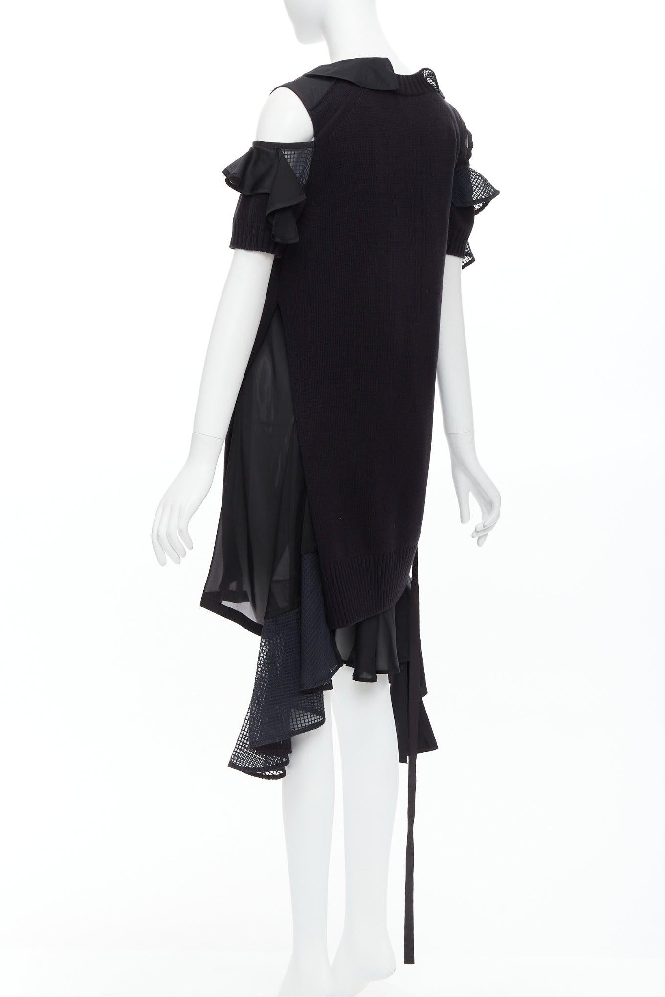 SACAI 2018 black cotton blend asymmetric ruffle hi low knitted dress JP1 S 1