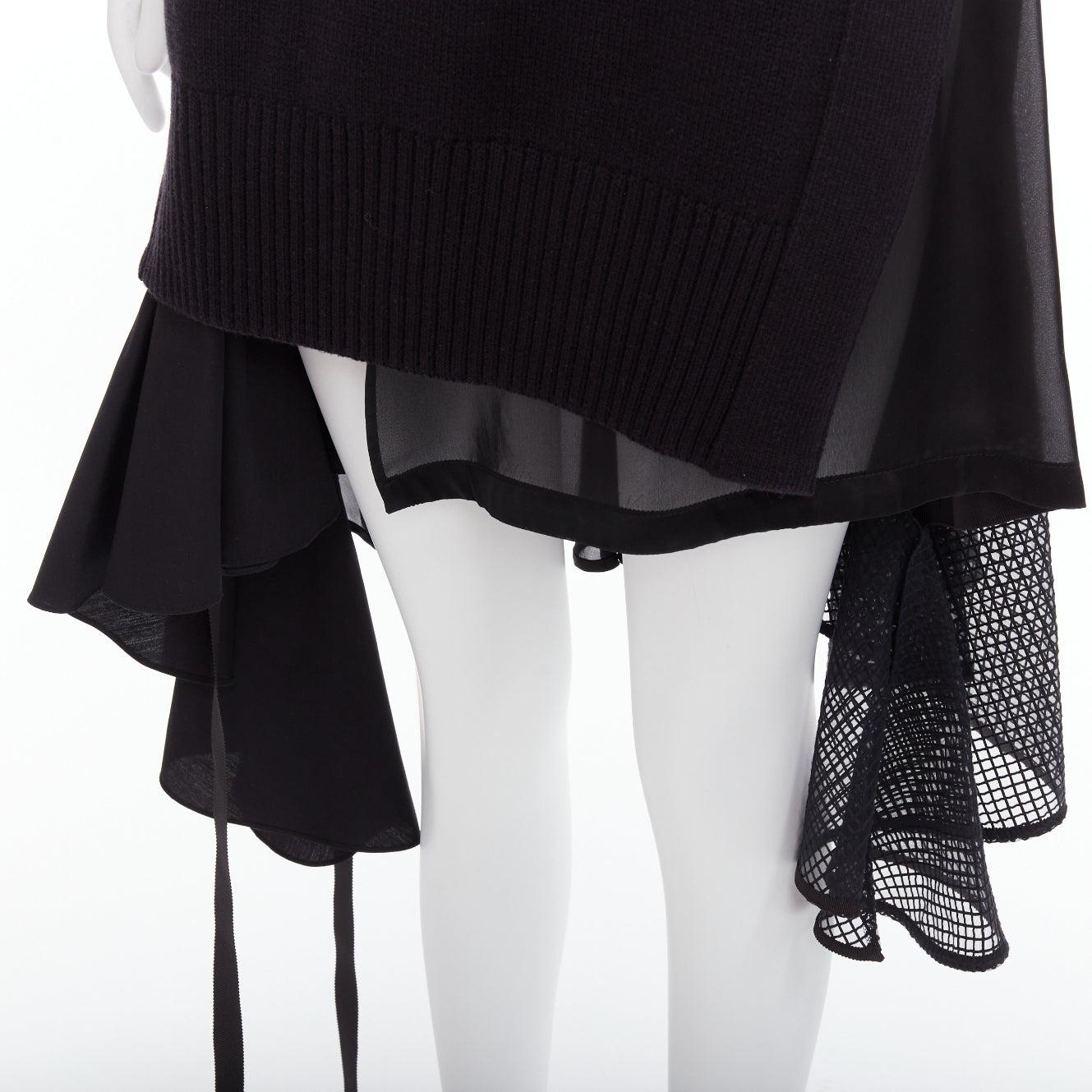 SACAI 2018 black cotton blend asymmetric ruffle hi low knitted dress JP1 S 2
