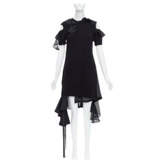 SACAI 2018 black cotton blend asymmetric ruffle hi low knitted dress JP1 S