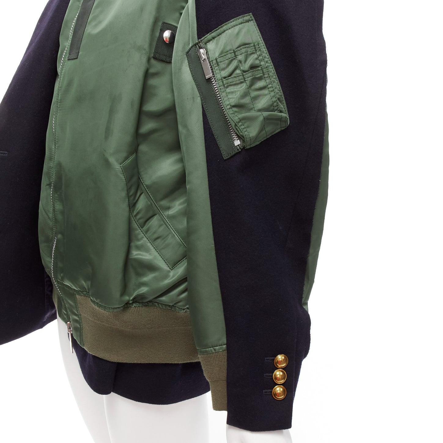 SACAI 2018 black khak hybrid deconstructed half bomber coat jacket JP2 M
Reference: KEDG/A00341
Brand: Sacai
Designer: Chitose Abe
Collection: 2018
Material: Wool, Nylon
Color: Navy, Khaki
Pattern: Solid
Closure: Zip
Lining: Orange Fabric
Made in: