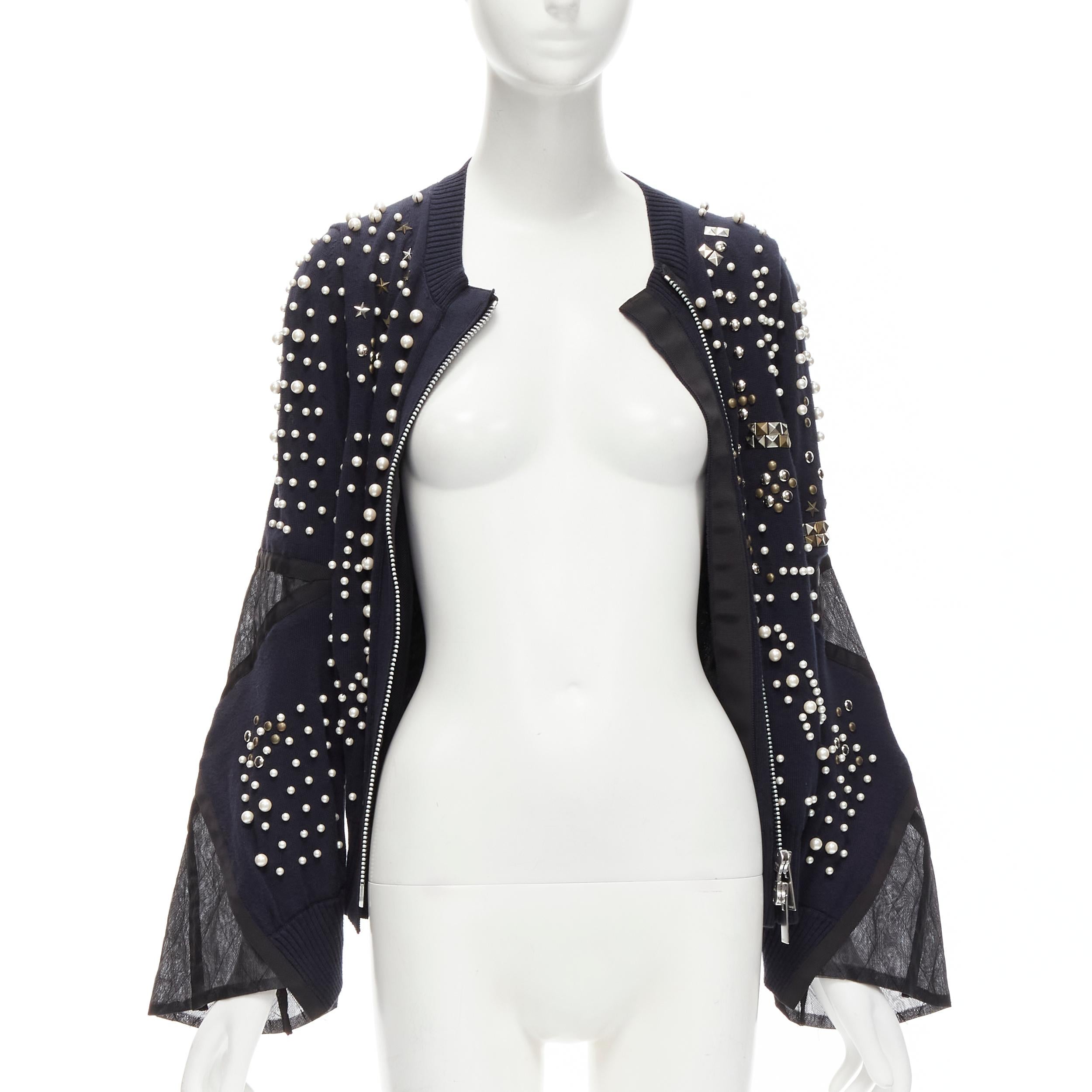 SACAI 2018 black pearl star metal studded sheer panel wide bomber jacket JP3 L In Excellent Condition In Hong Kong, NT