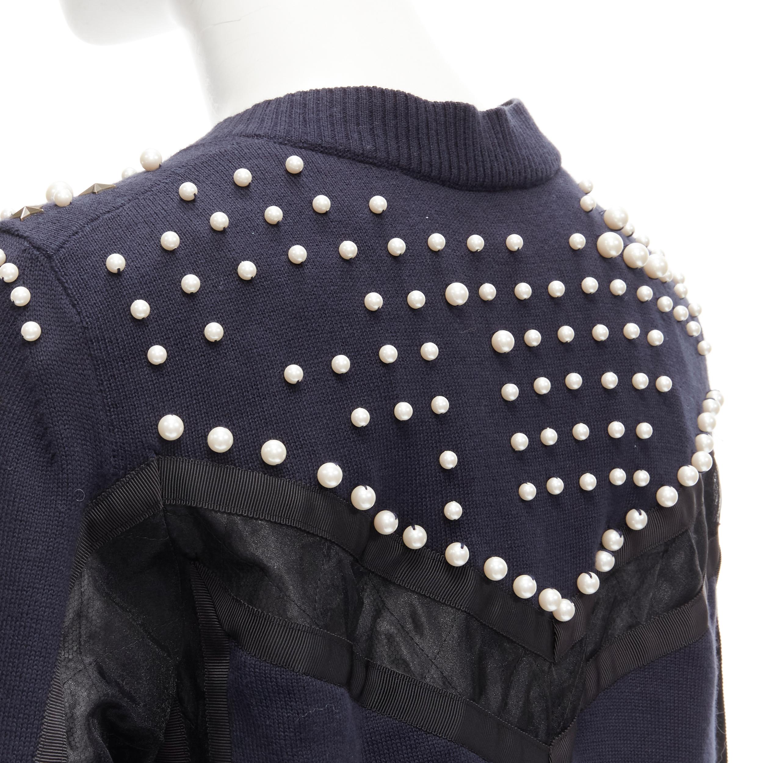 SACAI 2018 black pearl star metal studded sheer panel wide bomber jacket JP3 L 4